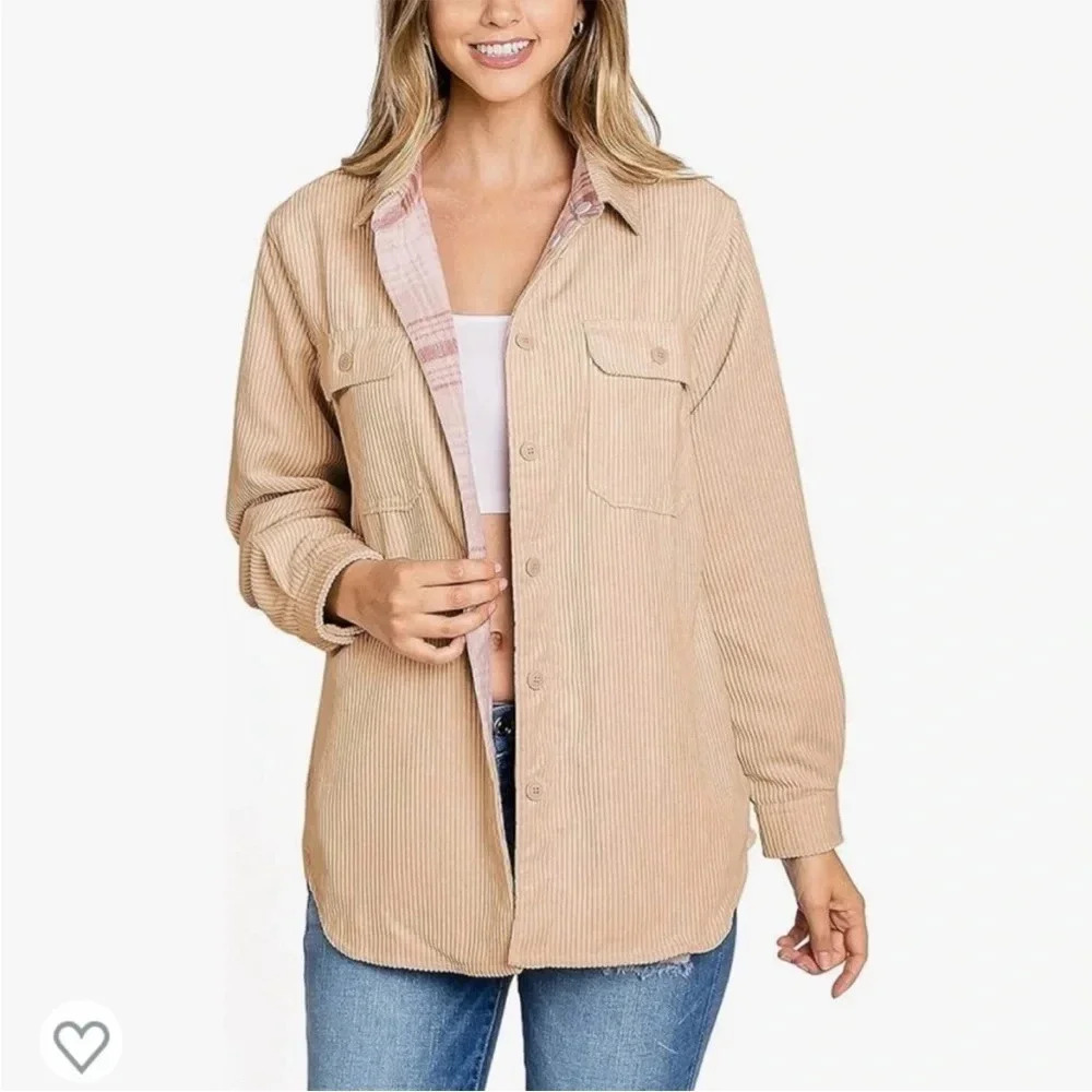 Love Tree Tan Corduroy Reversible Shacket Jacket Cream Pink Plaid Size‎ Medium